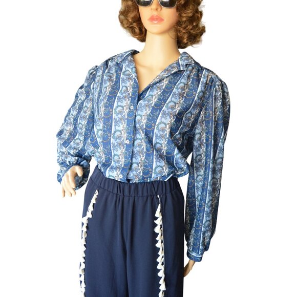 Vintage 80s The Pioneer Woman Blue Striped Floral Button Down Blouse Size L 40 - Picture 1 of 8